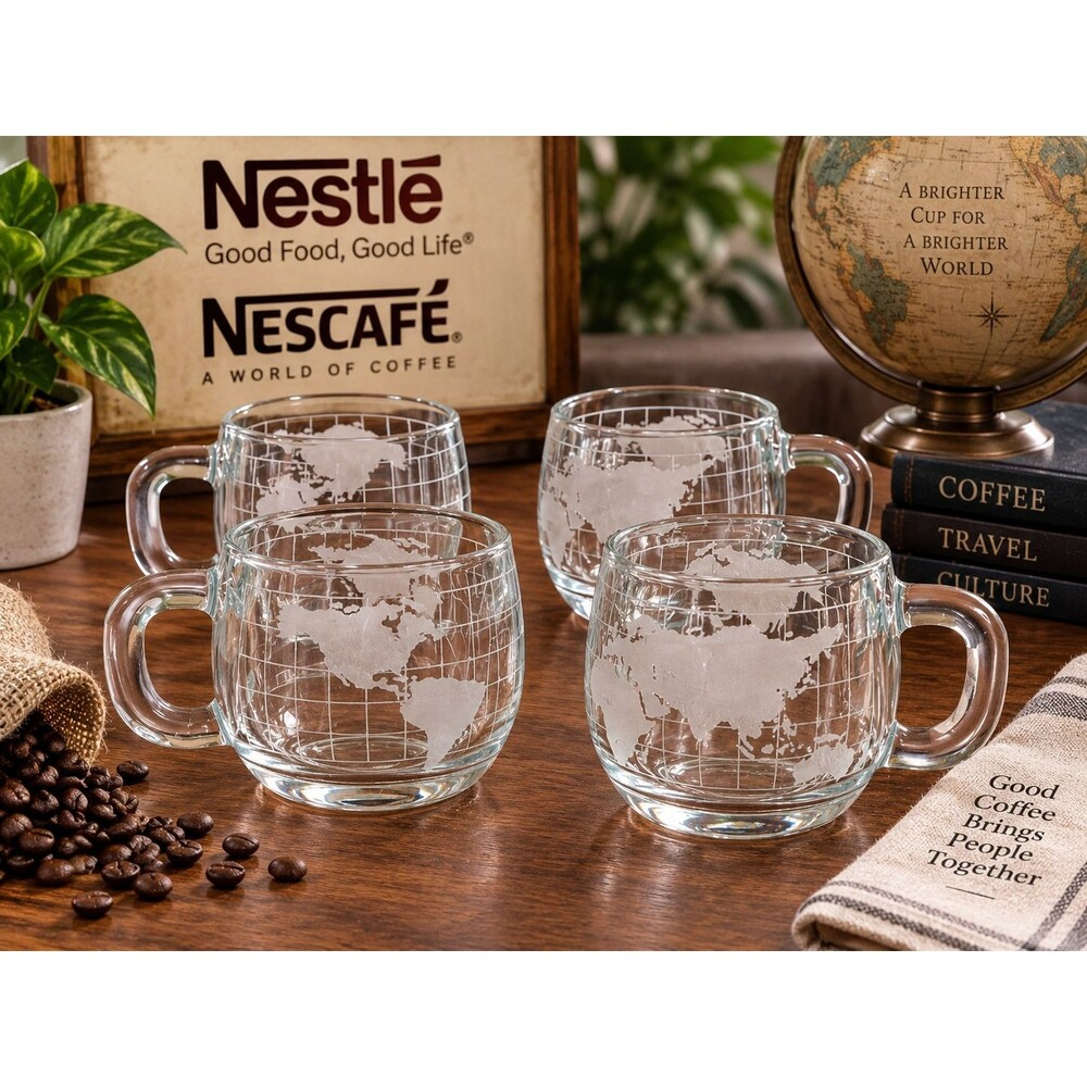 Vintage Nestle Nescafe World Map 8 oz Glass Coffee Mugs Set of 4 Frosted Globe